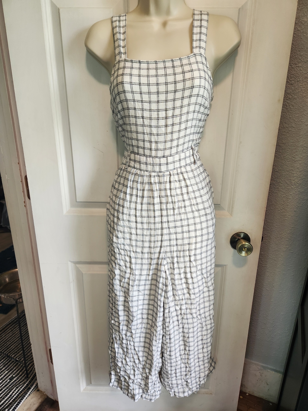 American Eagle Outfitters White and Black Plaid Sleeveless Wide-Leg Jumpsuit